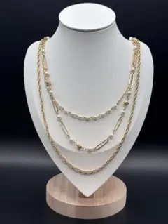 パール 3連風 ゴールドカラー デザインネックレス レディース