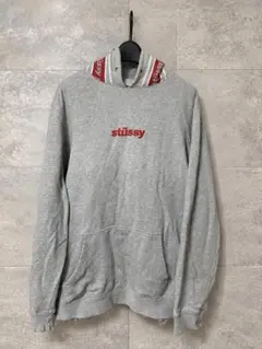 ボロ　ダメージ　STUSSY パーカー グレー レッド 刺繍ロゴ XL
