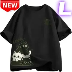 ⭐新品⭐猫イラスト付き ブラック Tシャツ 半袖 Lサイズ カワイイ ゆったり