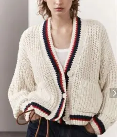 【美品】ZARA トリコロール ニットカーディガン S 白×ネイビー