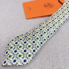 美品 HERMES エルメス 総柄 シルク100 ネクタイ ベージュ グリーン