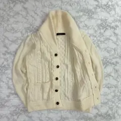 ケーブル編み ニットカーディガン ボリューム襟 M アイボリー 古着
