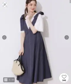 クチュールブローチ　デニムライク肩リボンワンピースのサムネイル