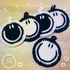 デニム系ニコちゃん スマイル アクリルたわし コースター 5枚セット