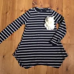 韓国子供服 ネイビボーダー チュニックワンピース 100 コサージュ付き