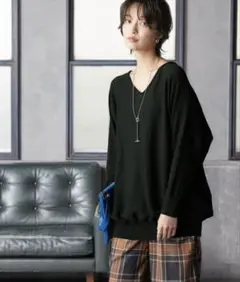 綿100％ ゆったり Vネック ドルマン　ニット　ブラック　コットン　LLサイズ