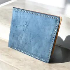 二つ折り財布 メンズ 本革 コンパクト 小銭入れ付き ブルー