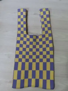 チェッカーフラッグ柄 ニットトートバッグ イエロー×パープル