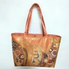 帯リメイク、刺繍入りオレンジサテン トートバッグ