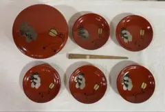 朱塗漆器　菓子器と銘々皿と取り箸セット