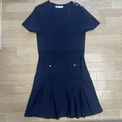 ZARA ボックスプリーツ ニットミニワンピース L ネイビー 金ボタン