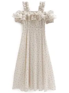 GRL ドット柄フリルオフショルダーフレアロングワンピース[ru1165] S