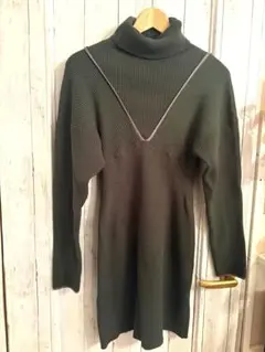 【MOUSSY】リブニットタートルネック ワンピース カーキー　緑