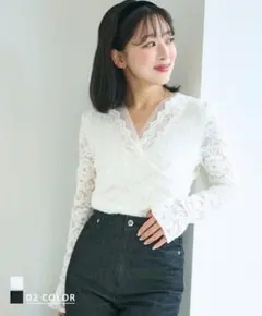 Vネック総レースフレアトップス　アイボリー