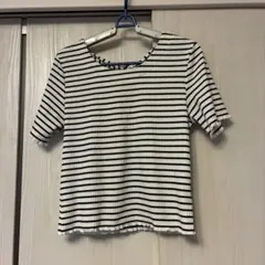 リブ編み白黒ストライプ半袖Tシャツ