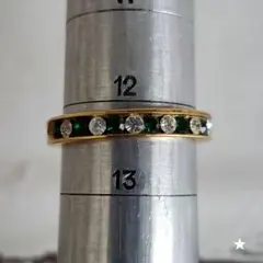 グリーンとクリスタルビジューのゴールド調リング 12号 ビンテージ 昭和レトロ