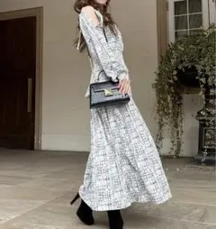 【新品未使用】LIP SERVICE ツイードライクプリントワンピース 白 S