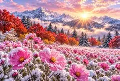 雪景色　コスモス　紅葉　秋　風景画　奇跡の風景　山岳　山脈　イラスト　C299