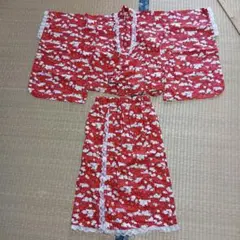 子供2部式浴衣　レース付き　赤系　ハンドメイド　和柄　帯なし