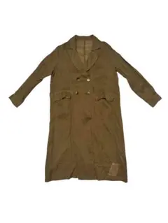 【新品未使用】カーキ色リネン混合ダブルブレストロングコート　緑