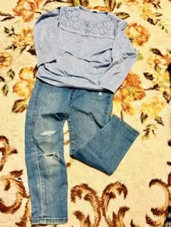 ユニクロ 110cm ダメージ ジーンズ +おまけ 長袖110cm 水色 レース