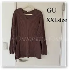 GU♡Vネックリブセーター♡茶色♡ブラウン♡XXL♡スリット♡大きいサイズ