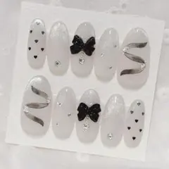 ネイルチップ 韓国 リボン ビジュー ホワイト 上品 大人可愛い シンプル