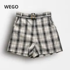Y6285【WEGO】チェック柄ショートパンツ ベルト付き 美脚 ベージュ