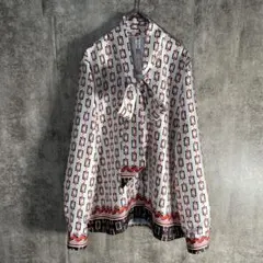 ONYOU 総柄ボウタイブラウス L レトロモード 幾何学チェーン柄　韓国