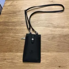 黒 合成皮革 スマホショルダー スマホポーチ スマホストラップ 18x11cm