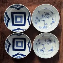 【美品】有田焼 青花 5寸ボウル 和食器 4枚セット(江戸紋×2 花唐草×2)のサムネイル