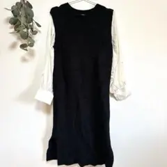 LHELEIE【L】黒 ニットワンピース 長袖 ロング丈 入学式 卒業式 デート