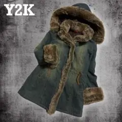 00s 平成ギャル y2k グランジ ファー　デニム モッズコート ダークコア