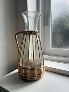 【美品】ガラス製花瓶 籐編みデザイン