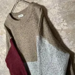 【個性派古着】切り替え L ニット セーター ベージュ 赤 白