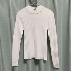 イング トップス 長袖 M リブニット オフホワイト パール ハイネック