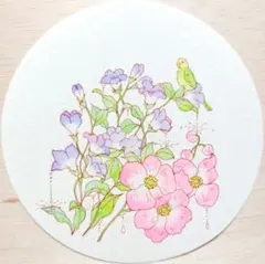 原画　セキセイインコ　草花　手描き