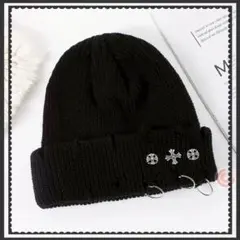 ダメージ加工ニット帽　ビーニー　クロス　ブラック　ストリート　黒