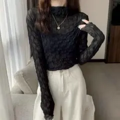 シアートップス トレンド シースルー レイヤード 透かし網　黒