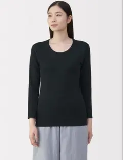 無印良品　あったか綿　厚手　Ｕネック八分袖Ｔシャツ　ブラック　L