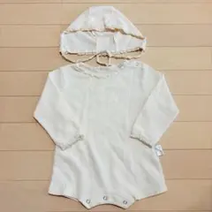 ベビー　セレモニードレス　退院着　ボンネットロンパースアイボリー リブ編み 80