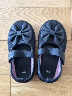 リボン付き黒フォーマルシューズ 16.0 バレエシューズ