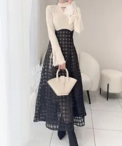 【mily bilet】美シルエット袖レースリブニットドッキングワンピース