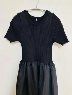 ブラック ニットワンピース 半袖 ロング