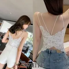 キャミソール 2XL　カップ付　ブラトップ　細見え　レース　背中見せ　ホワイト