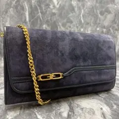 ✨美品✨GUCCI ショルダーバッグ スエード ネイビー レザー ロゴ チェーン