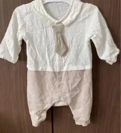 モクモフ おめかしフォーマル長袖カバーオール ネクタイ付き ベージュ80cm