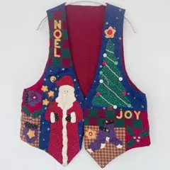 ヴィンテージ クリスマス パッチワーク ベスト Vネック 刺繡 L パーティーのサムネイル
