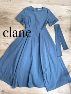CLANE クラネ　ブルー 半袖　ウエストリボン　ロングワンピース　水色Aラインのサムネイル