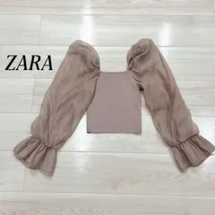 【美品】ZARA ピンク パフスリーブ クロップド丈 トップス　フリルデザイン